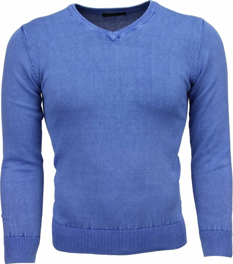 Casual Pullover- Exclusive Blanco V-Hals - Blau