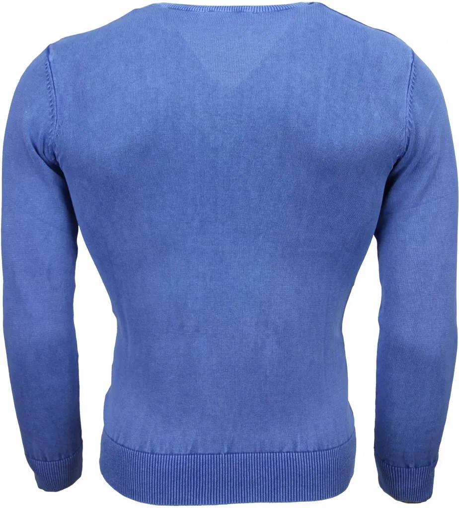 Casual Pullover- Exclusive Blanco V-Hals - Blau