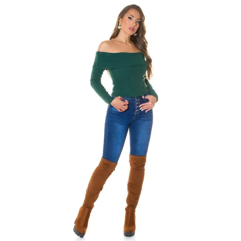 Eleganter weicher Damen Carmen Feinstrick Pullover Grün