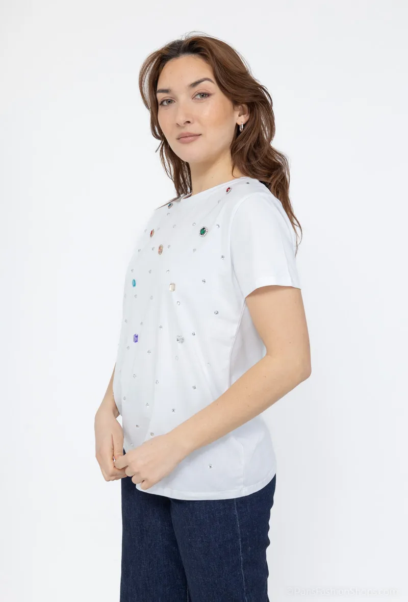 T-Shirt mit mehrfarbigen Strasssteinen
