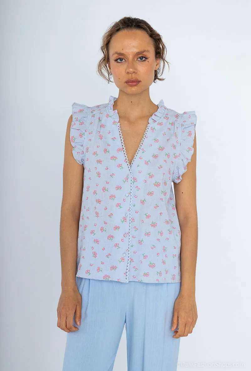 Ärmellose Bluse mit Rüschen am V-Ausschnitt und Spitze ALOISE